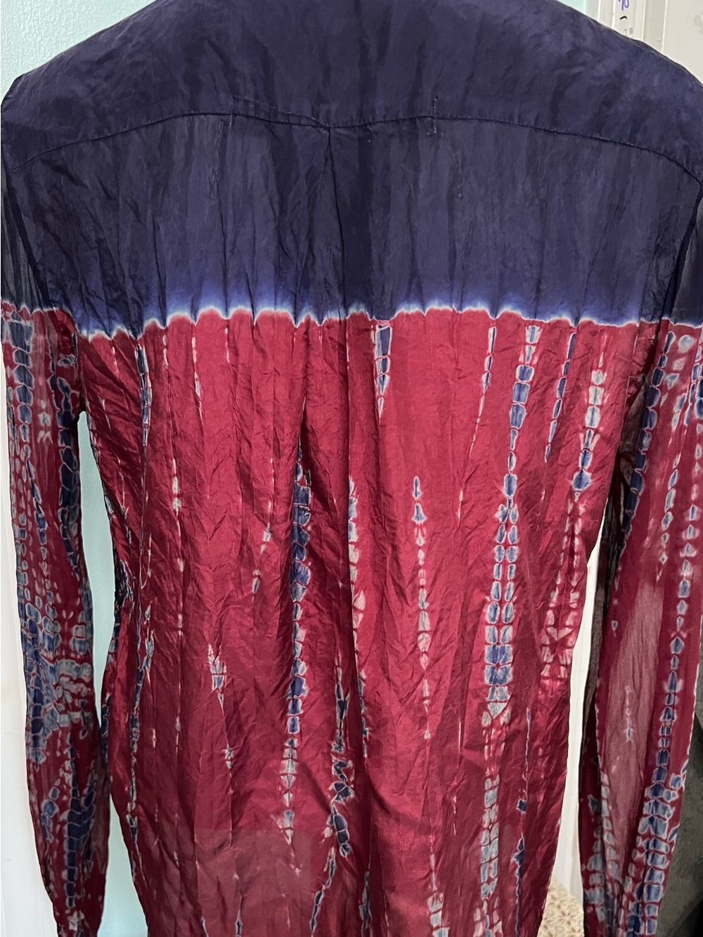 Silk Tie-Dye Long Sleeve Women's Top in Maroon and Navy - Picture 3 of 5